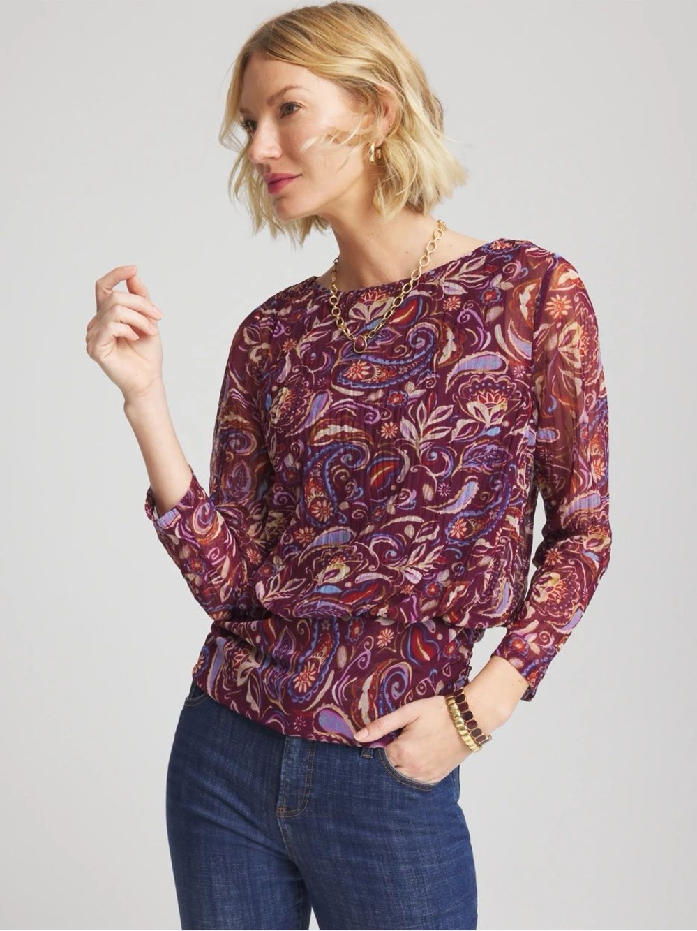 # NWT Chico's XL Paisley Textured Banded-Hem Top